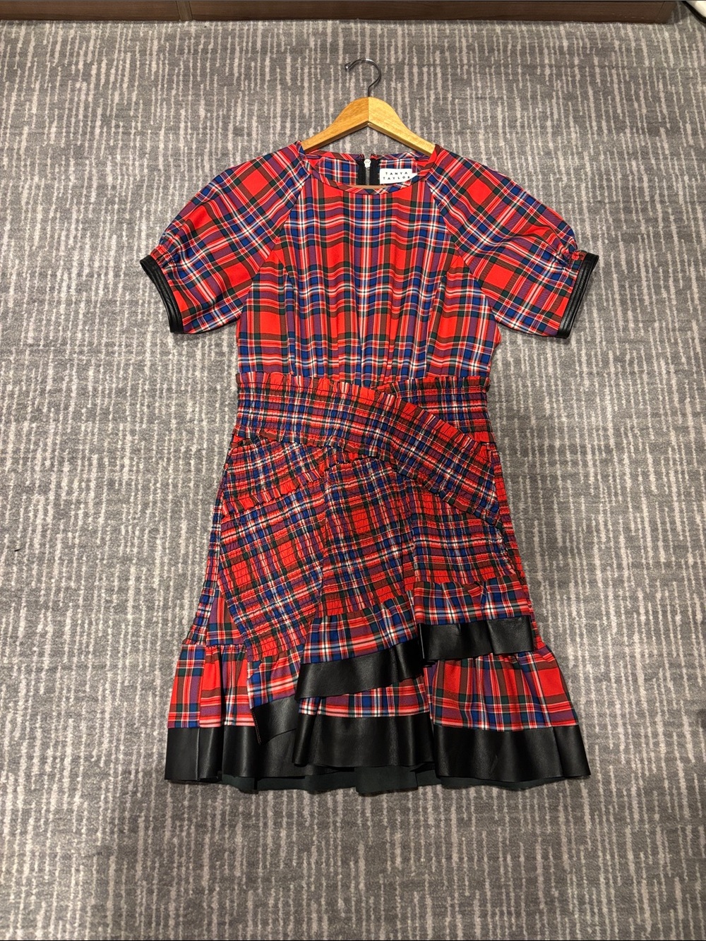 Tanya Taylor Red Plaid Dress with Black Trim
